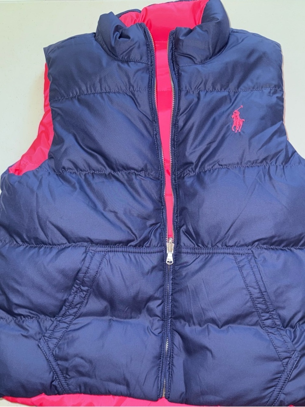 Polo by Ralph Lauren Hot Pink/Navy Quilted reversible Vest. Kids size L - Picture 8 of 9